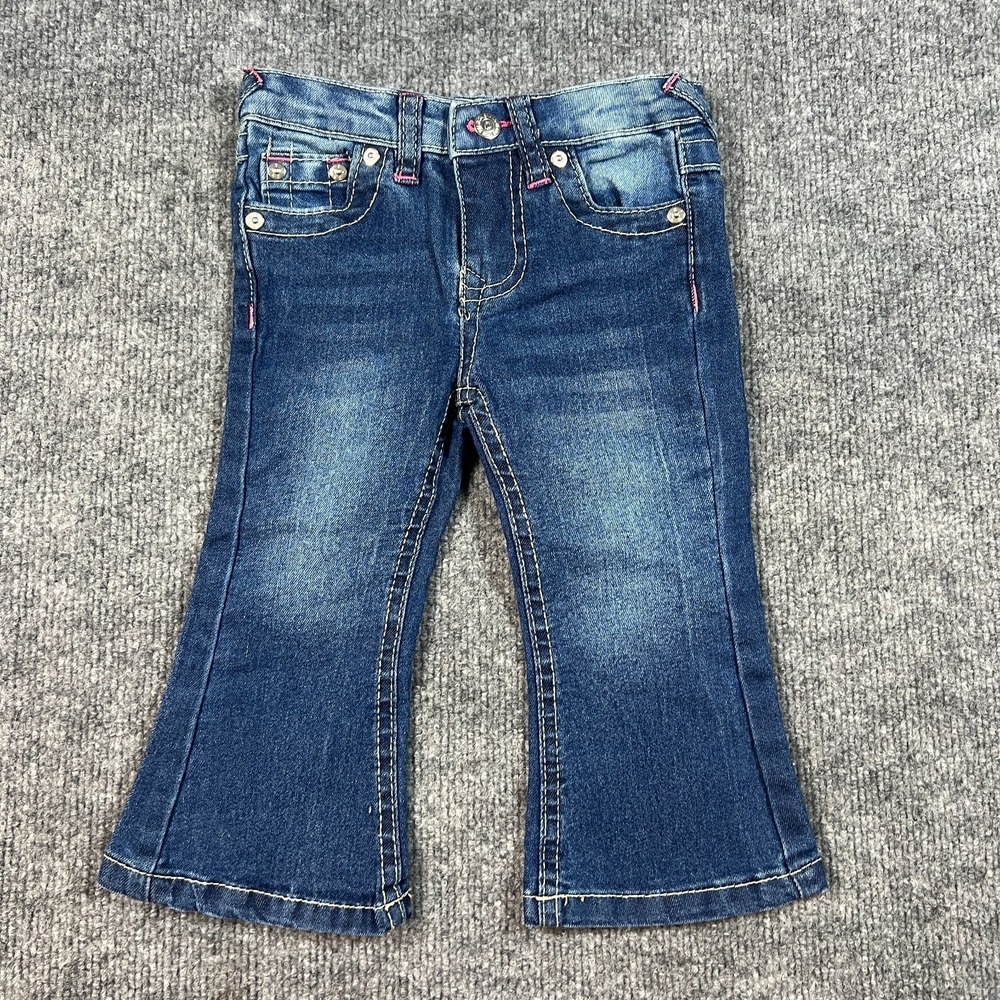 True Religion World Tour Bootcut Jeans Kids 18M Blue Whiskering Denim Stretch